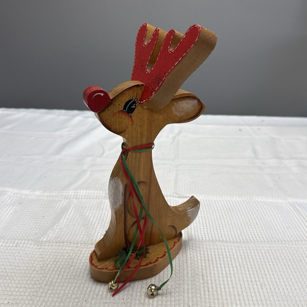 Wood Standing Reindeer Christmas Decoration Rudolph Toll Painted Handcrafted USA